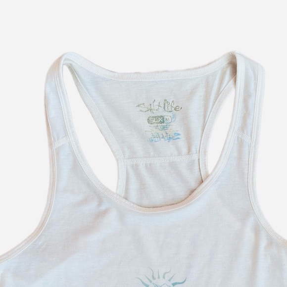#91 SALT LIFE ~ Women’s White Tank Top with Signature Blue Sun Graphic Design - Picture 4 of 10